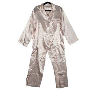 Heavenly Bodies Miss Elaine Pajama Set Large Pink Polka Dot Silky Wide Leg